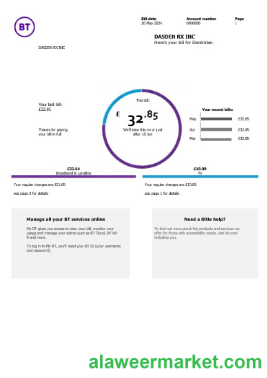 United Kingdom BT telecommunications business utility bill template in Word and PDF formats, version 2